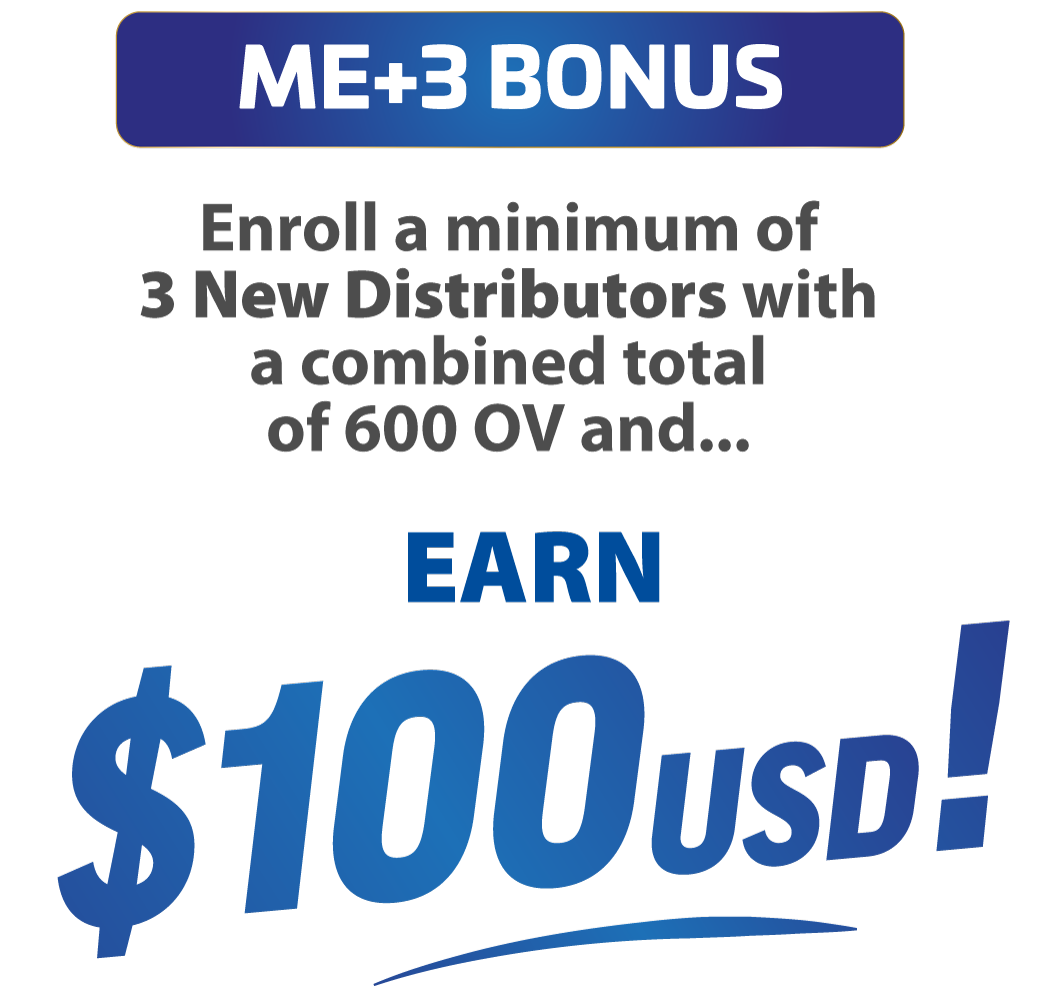 ME+3 Bonus: enroll a minimum of 3 New Distributors with a combined total of 600 OV and earn $100 USD